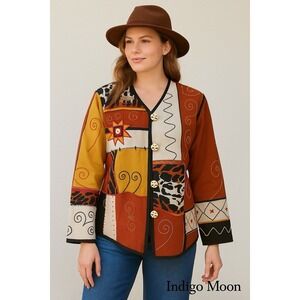 Indigo Moon Boho Patchwork Embroidered Jacket Size S – Vintage Artistic Blazer